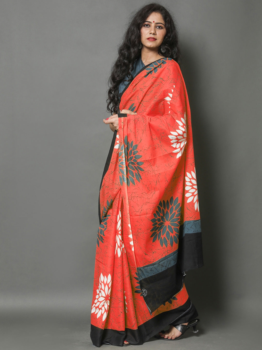 Buta Buti Orange Color Floral Printed Pure Cotton Saree