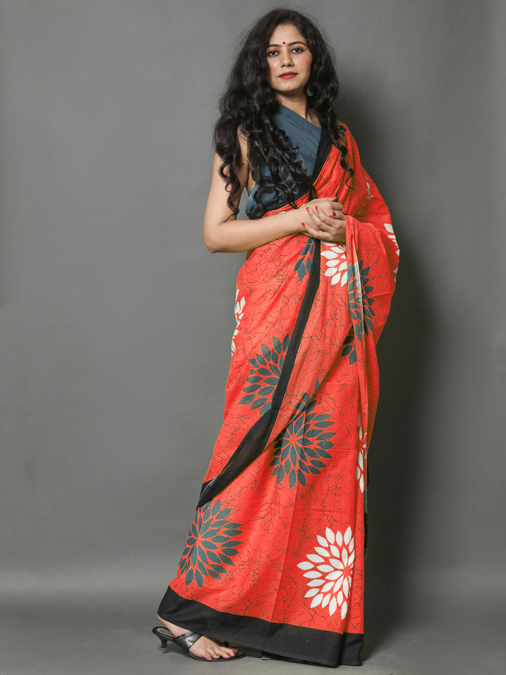 Buta Buti Orange Color Floral Printed Pure Cotton Saree