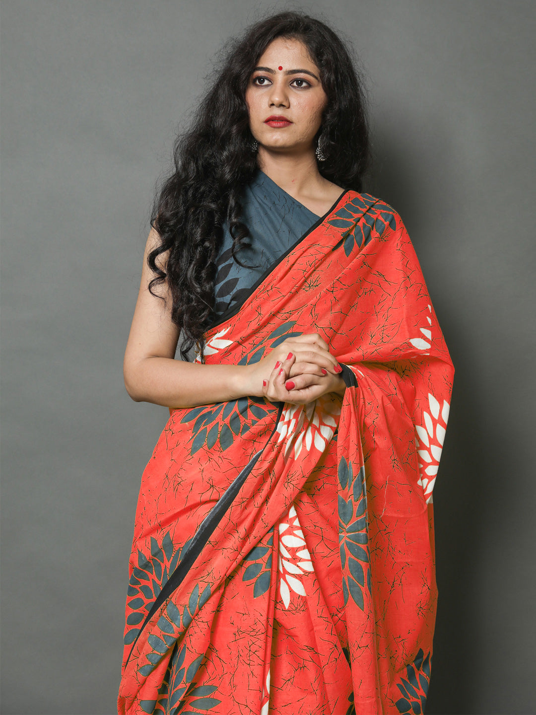 Buta Buti Orange Color Floral Printed Pure Cotton Saree