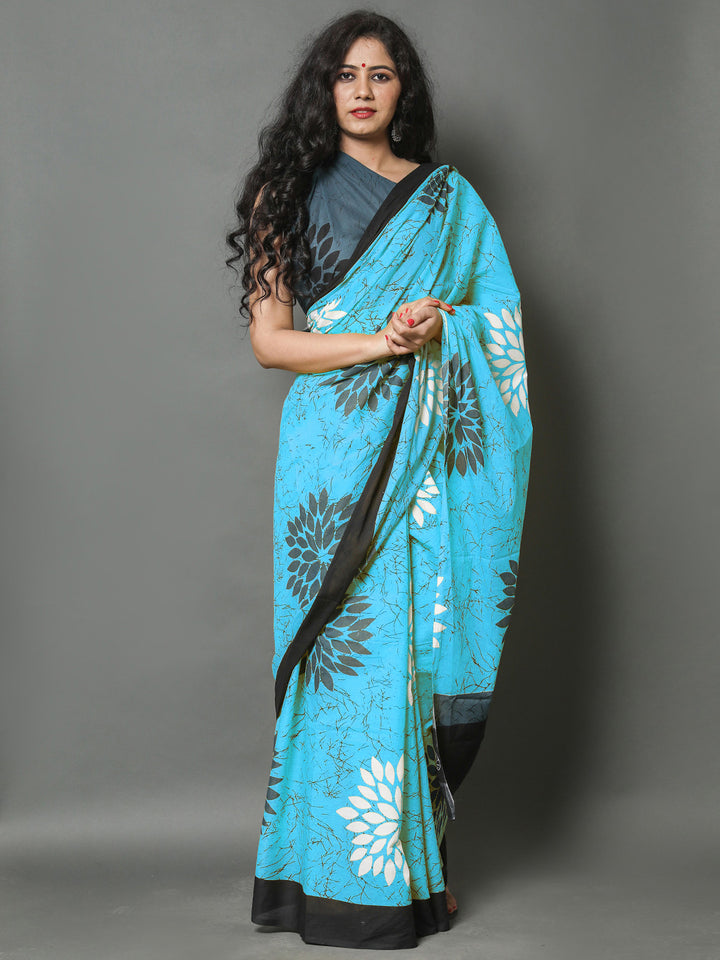 Buta Buti Blue Color Floral Printed Pure Cotton Saree