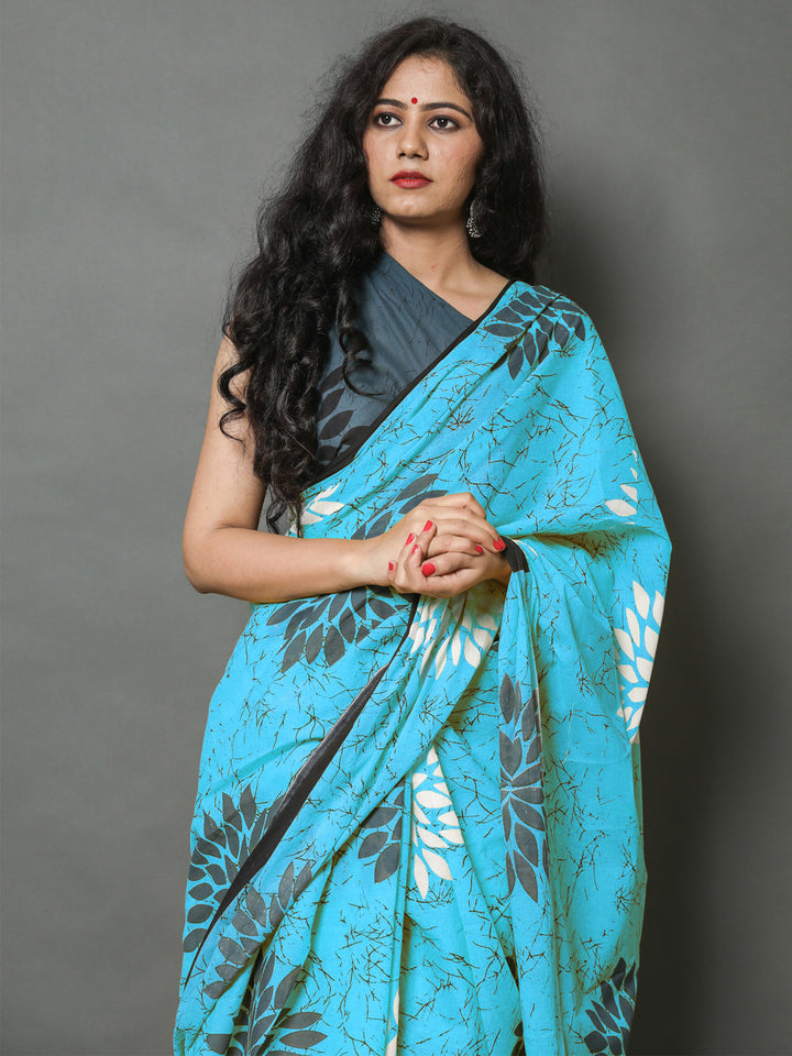 Buta Buti Blue Color Floral Printed Pure Cotton Saree