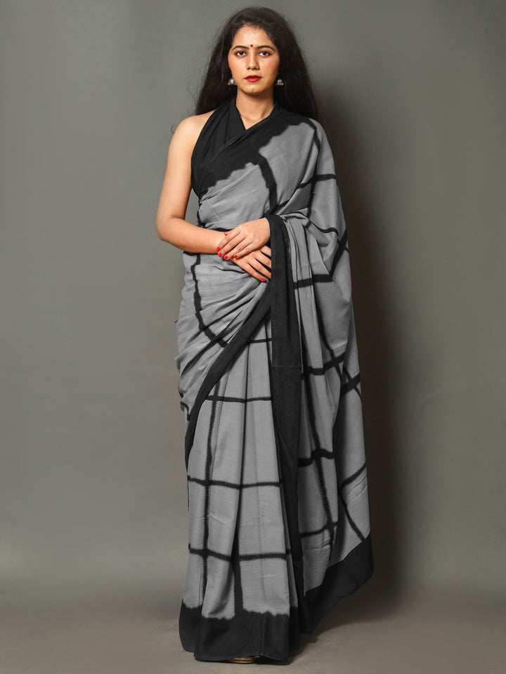 Buta Buti Grey Color Checked Printed Pure Cotton Saree