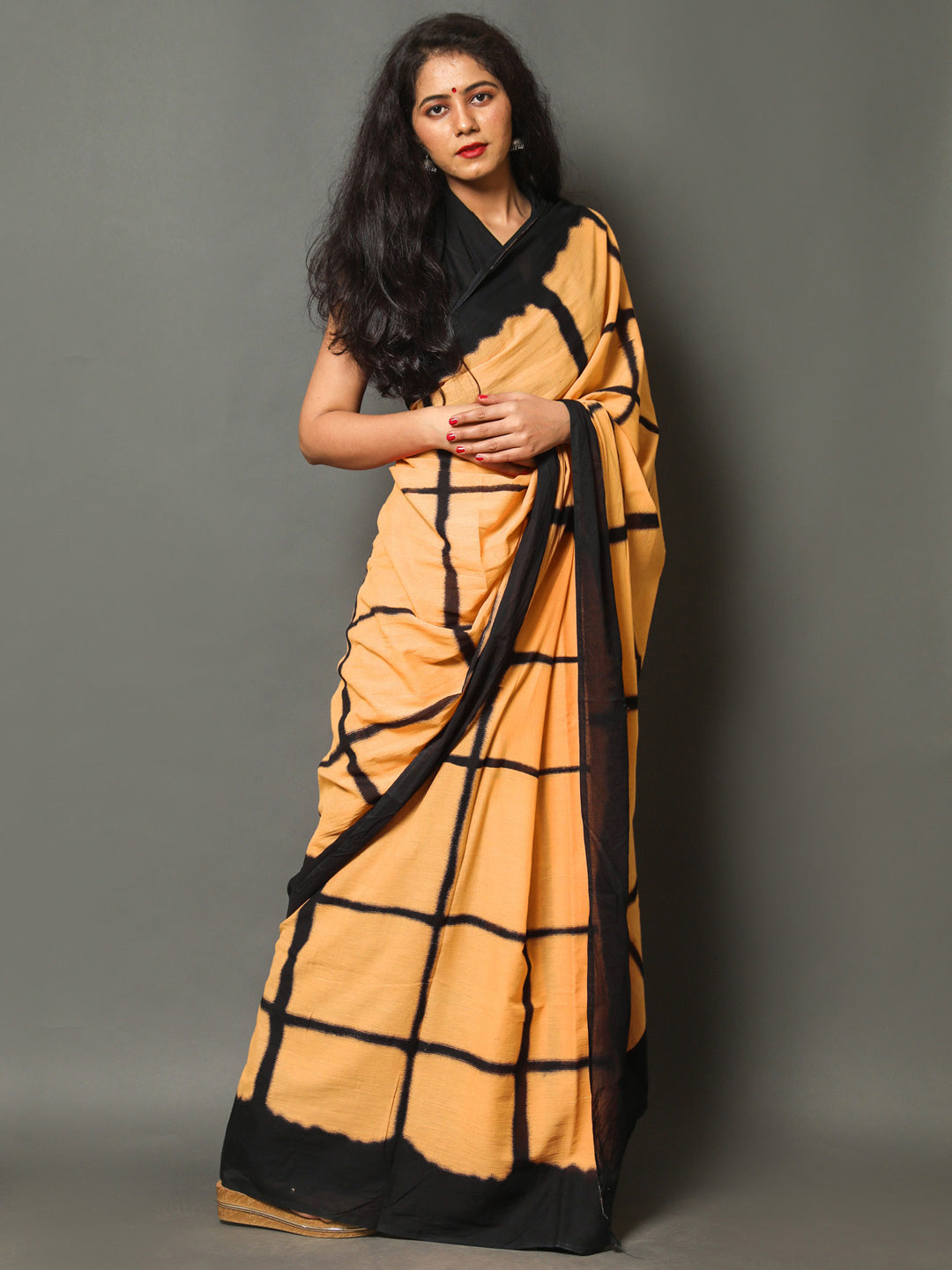 Buta Buti Mustard Color Checked Printed Pure Cotton Saree