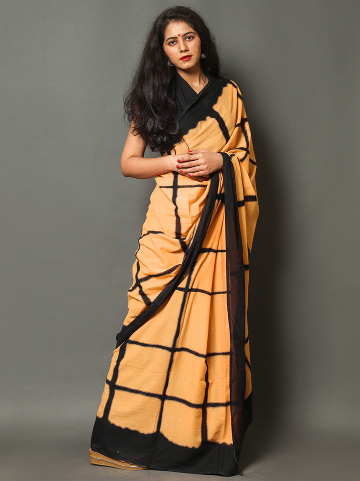 Buta Buti Mustard Color Checked Printed Pure Cotton Saree