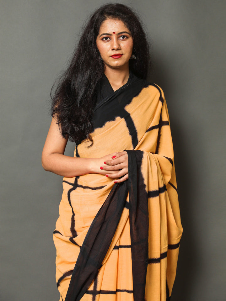 Buta Buti Mustard Color Checked Printed Pure Cotton Saree