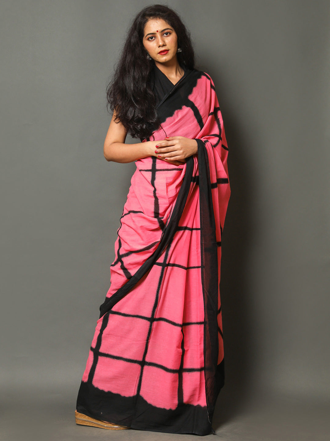 Buta Buti Lavender Color Checked Printed Pure Cotton Saree