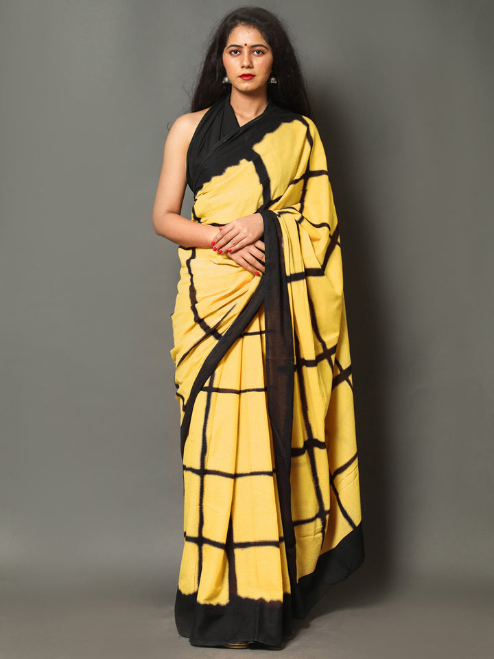 Buta Buti Yellow Color Checked Printed Pure Cotton Saree