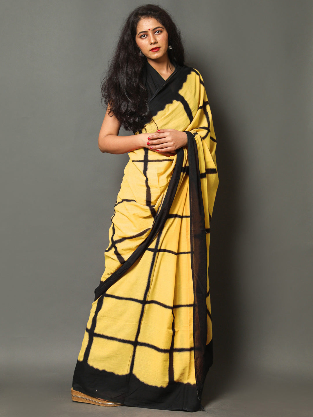 Buta Buti Yellow Color Checked Printed Pure Cotton Saree