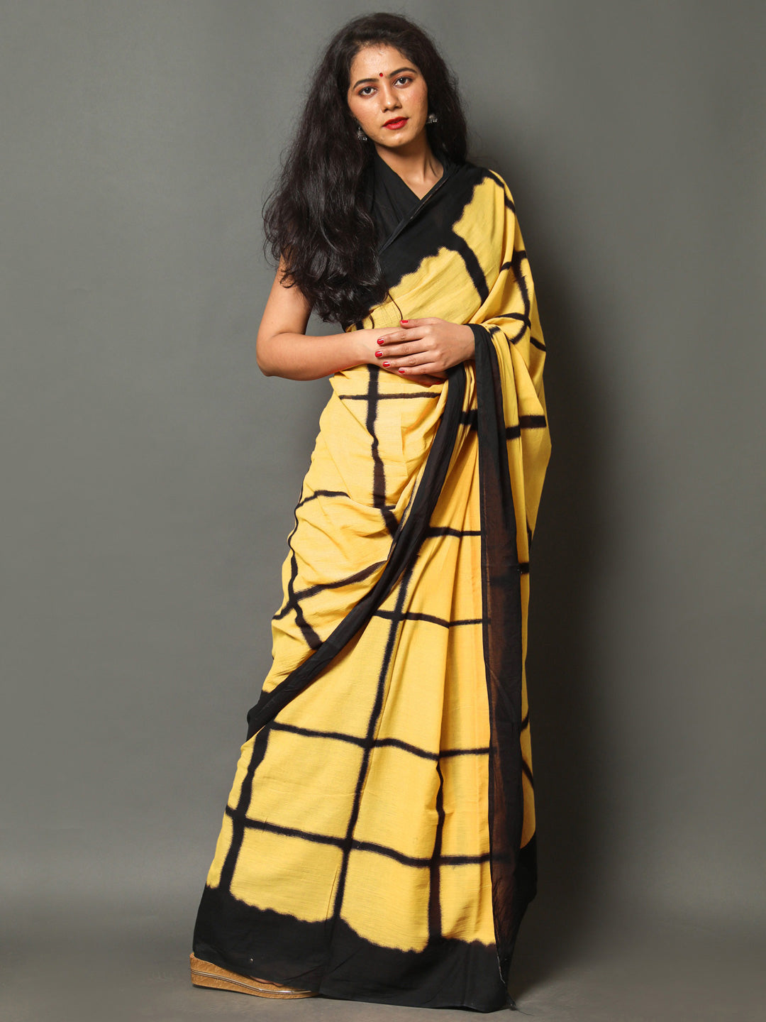 Buta Buti Yellow Color Checked Printed Pure Cotton Saree