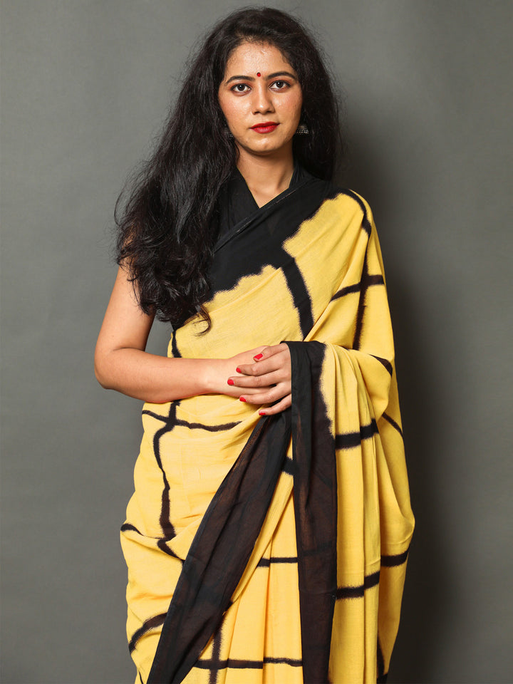 Buta Buti Yellow Color Checked Printed Pure Cotton Saree