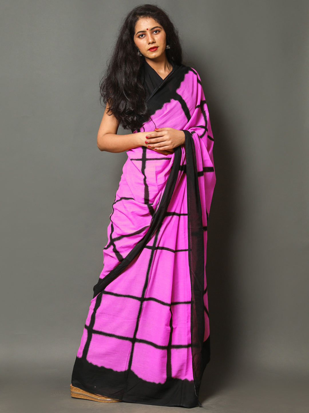 Buta Buti Pink Color Checked Printed Pure Cotton Saree