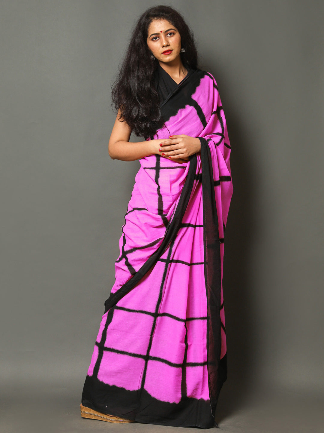 Buta Buti Pink Color Checked Printed Pure Cotton Saree