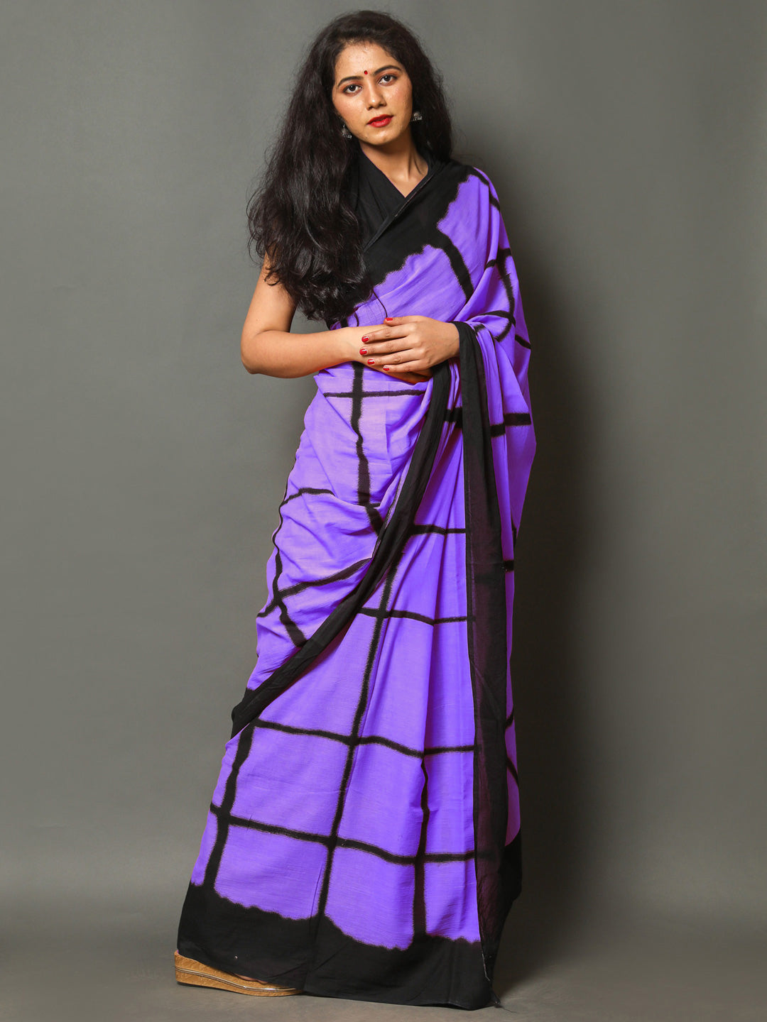 Buta Buti Purple Color Checked Printed Pure Cotton Saree