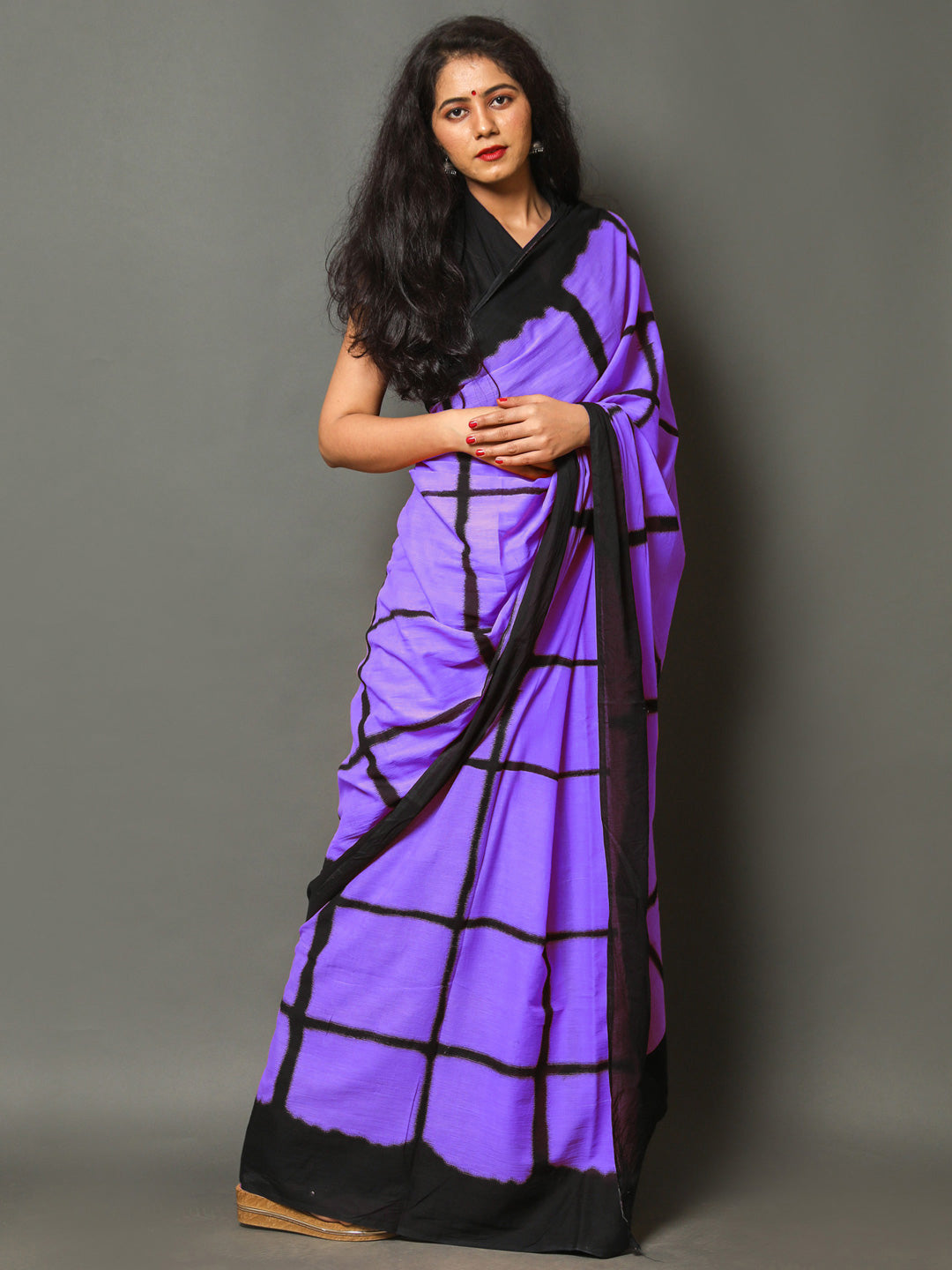 Buta Buti Purple Color Checked Printed Pure Cotton Saree