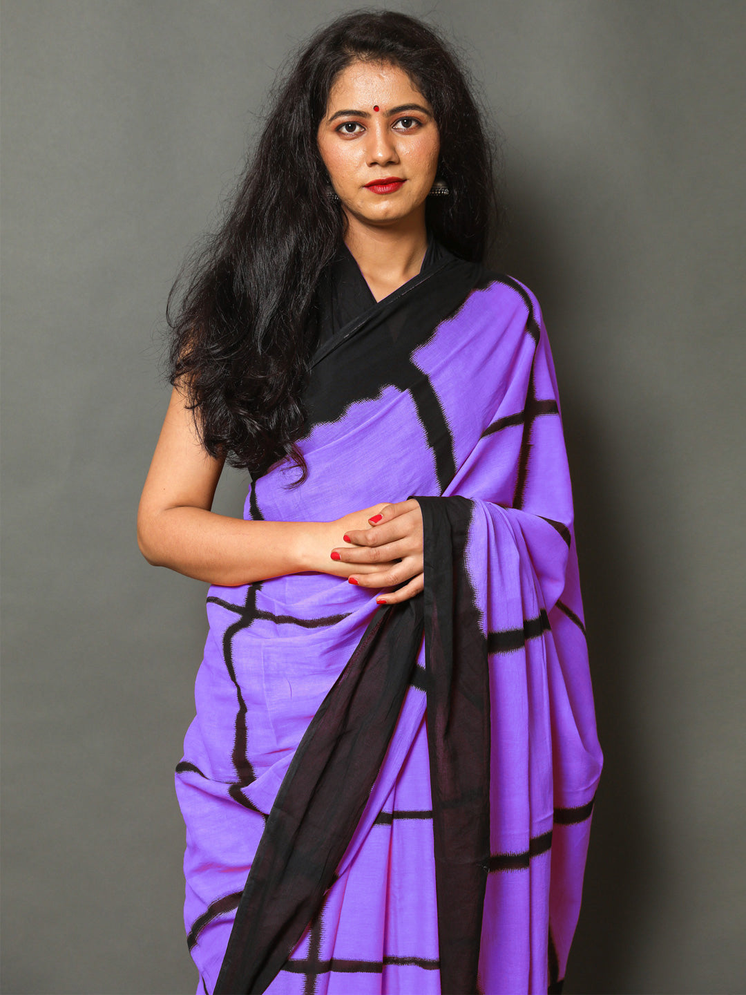 Buta Buti Purple Color Checked Printed Pure Cotton Saree