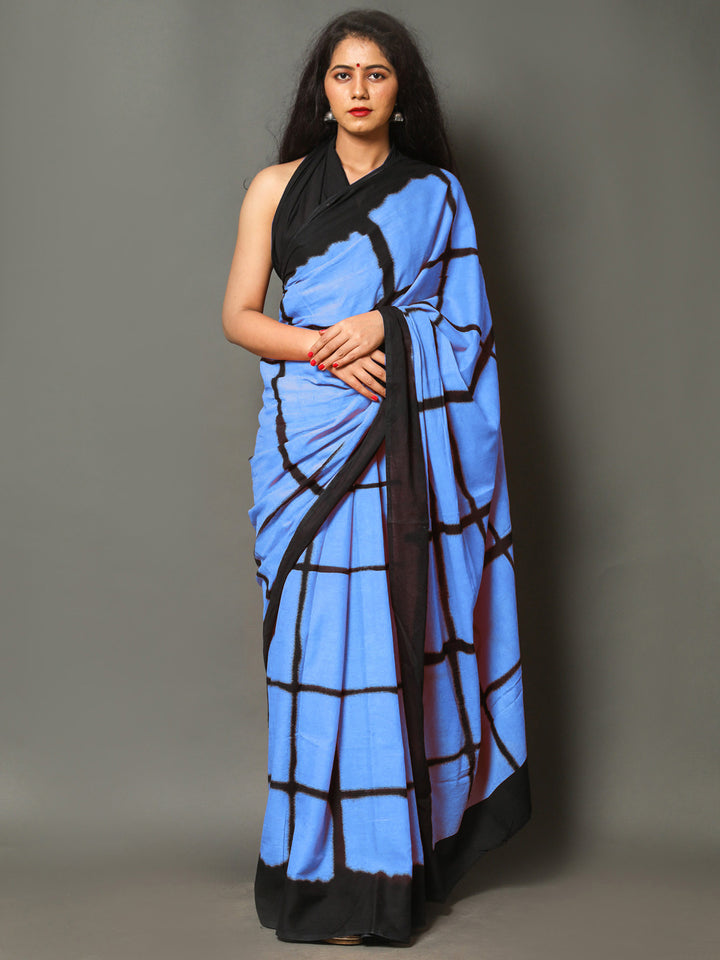 Buta Buti Blue Color Checked Printed Pure Cotton Saree