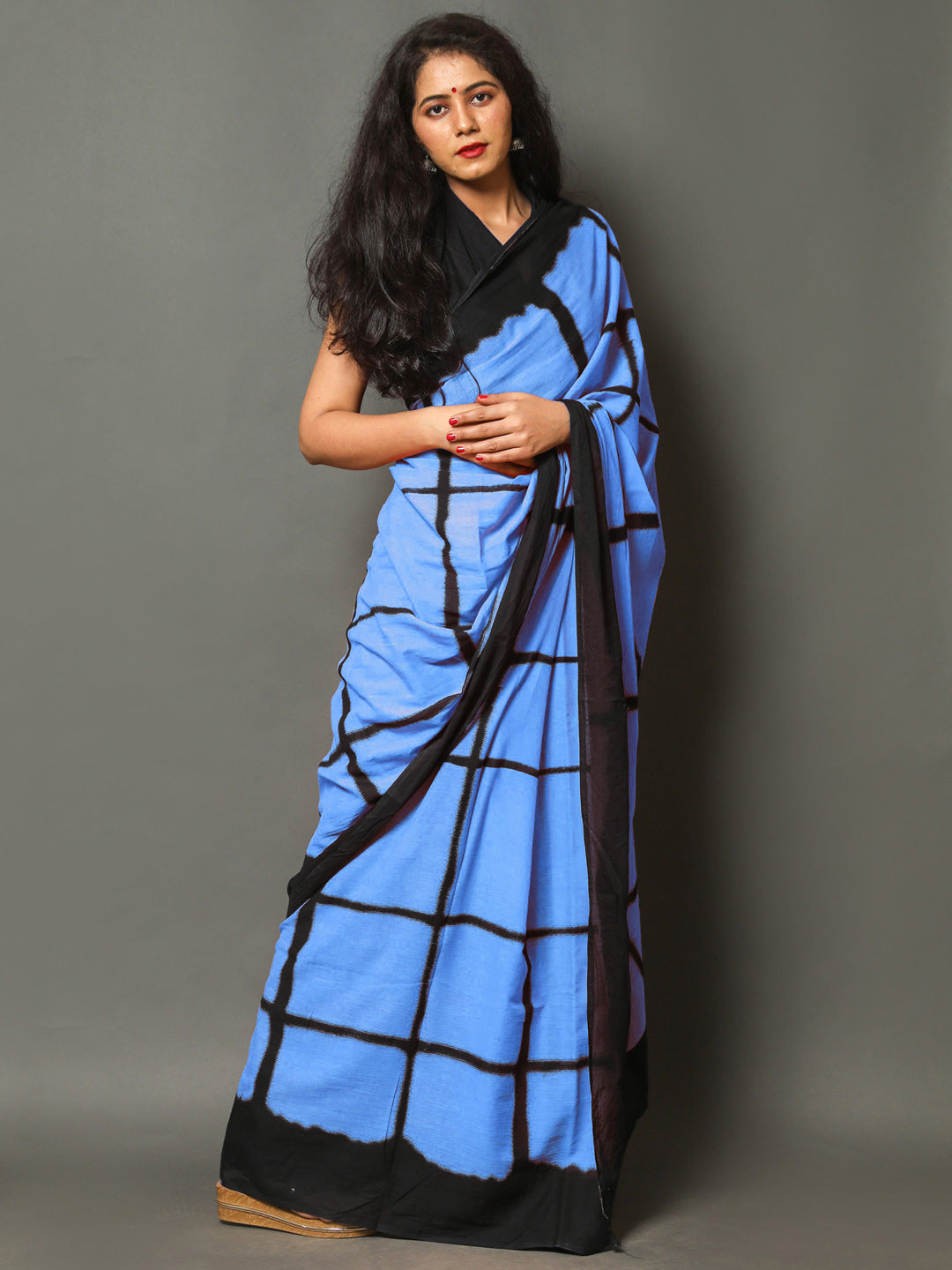 Buta Buti Blue Color Checked Printed Pure Cotton Saree