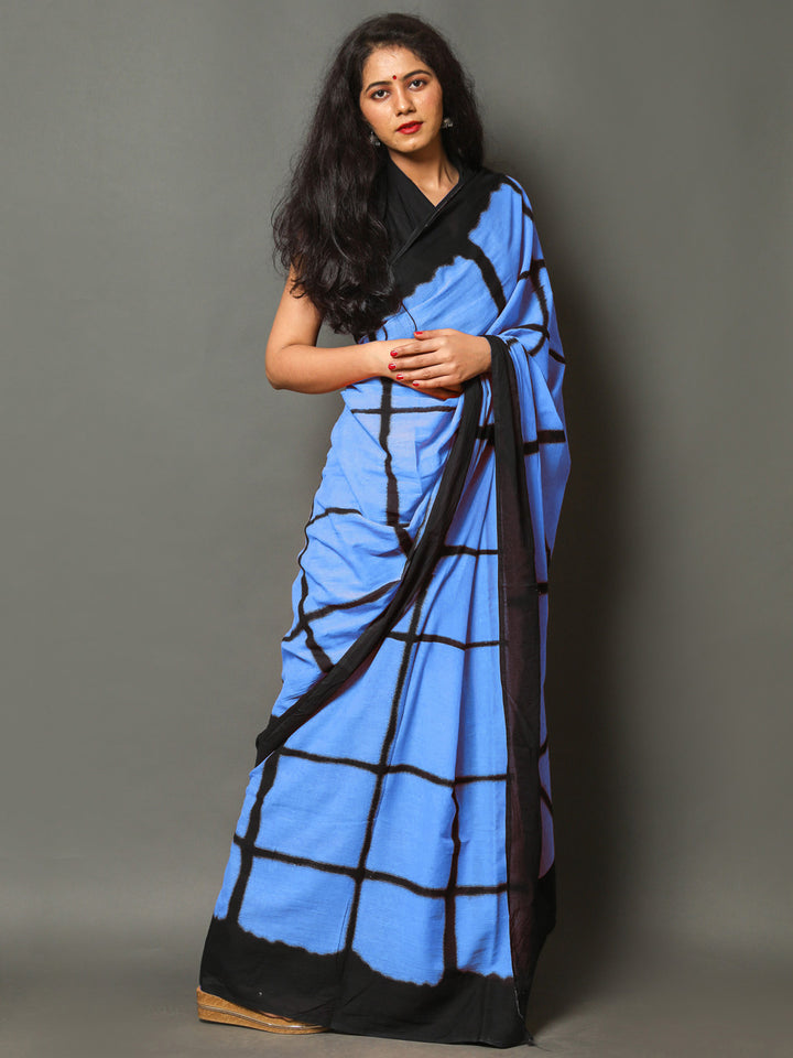 Buta Buti Blue Color Checked Printed Pure Cotton Saree