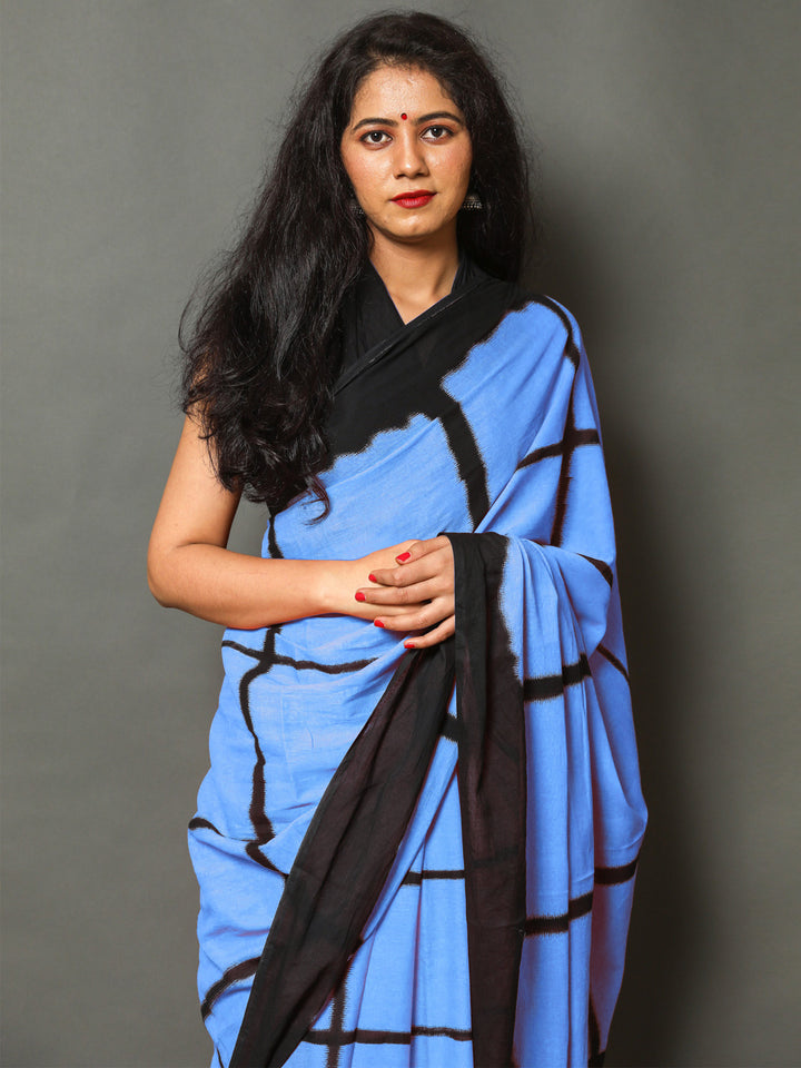 Buta Buti Blue Color Checked Printed Pure Cotton Saree