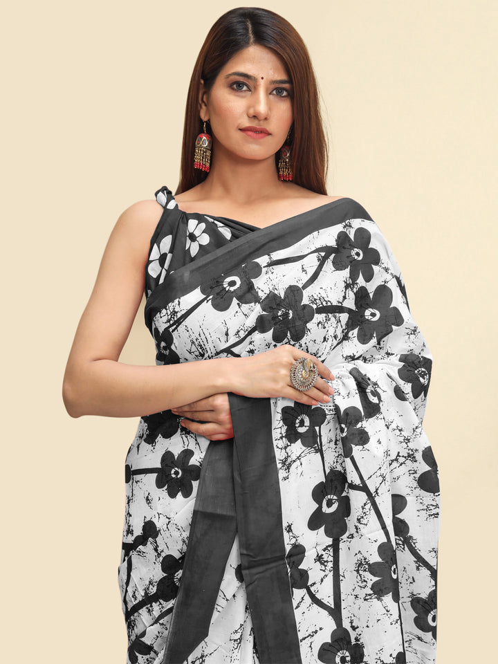 Buta Buti Black Color Floral Printed Pure Cotton Saree