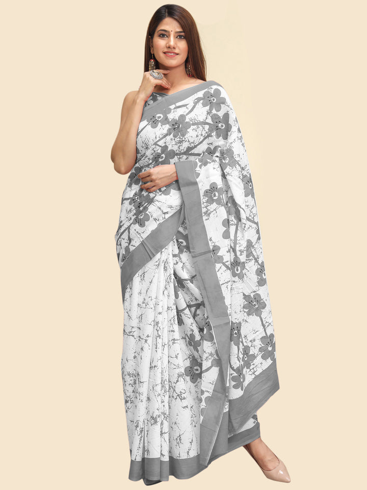 Buta Buti Grey Color Floral Printed Pure Cotton Saree