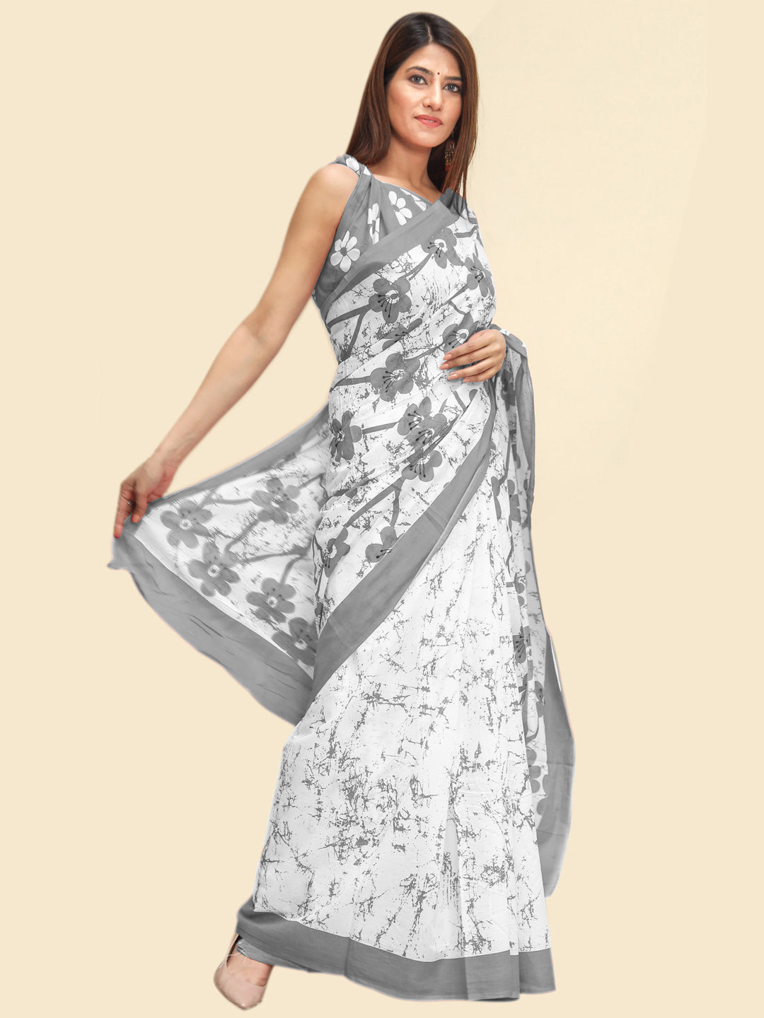 Buta Buti Grey Color Floral Printed Pure Cotton Saree