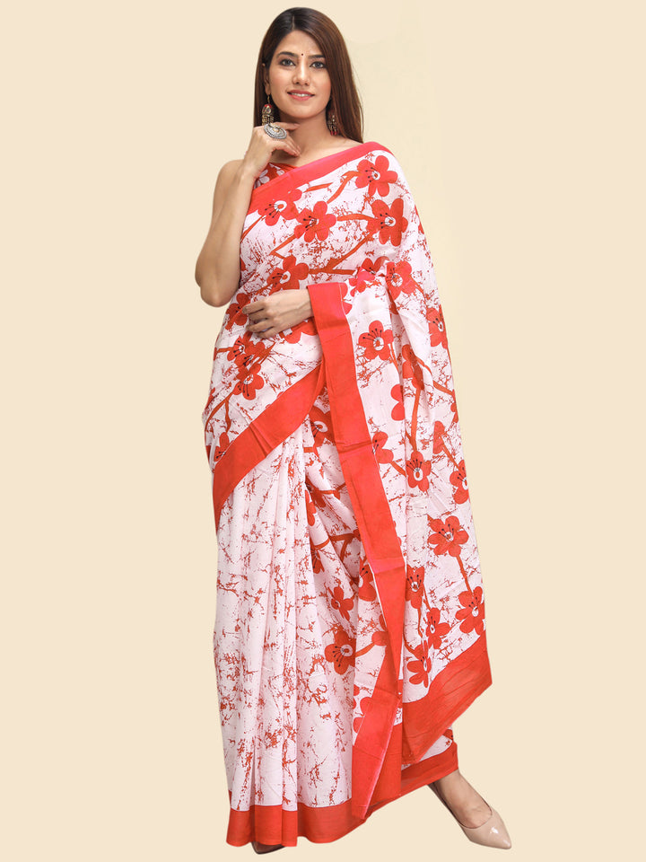 Buta Buti Orange Color Floral Printed Pure Cotton Saree