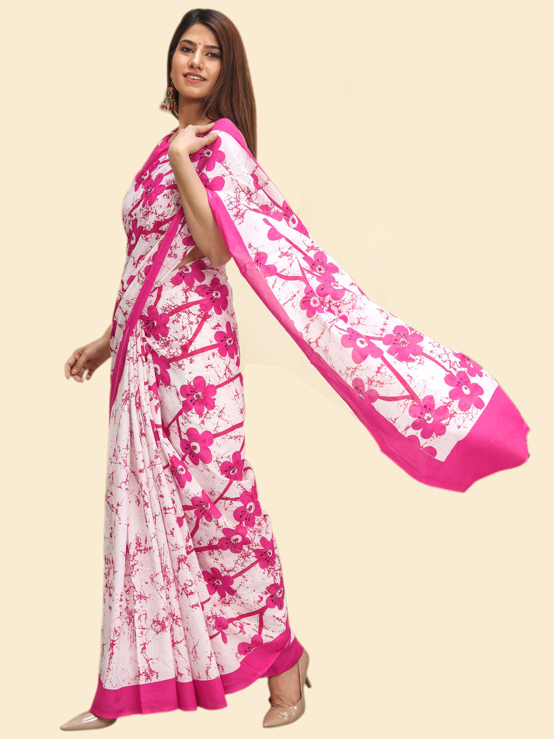 Buta Buti Pink Color Floral Printed Pure Cotton Saree