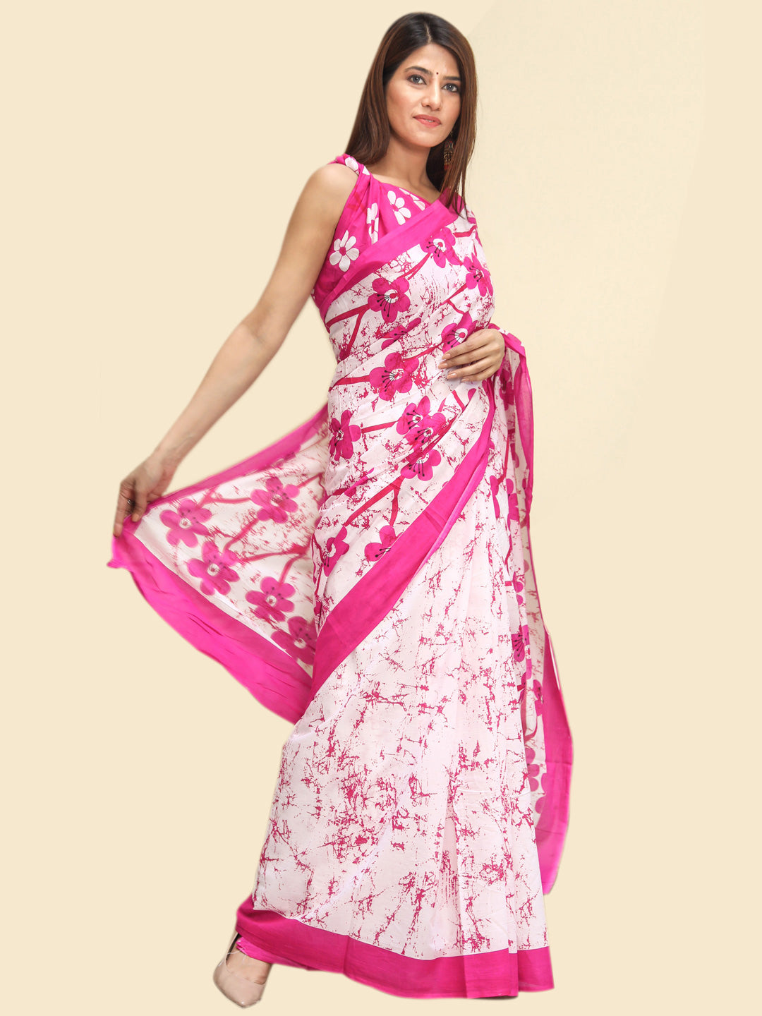 Buta Buti Pink Color Floral Printed Pure Cotton Saree