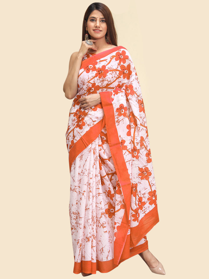 Buta Buti Orange Color Floral Printed Pure Cotton Saree