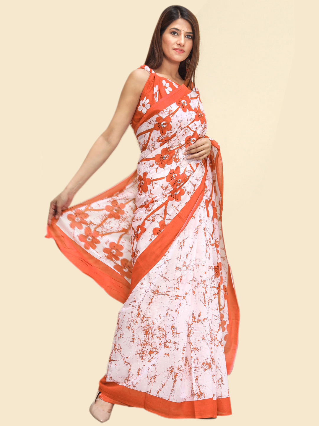 Buta Buti Orange Color Floral Printed Pure Cotton Saree