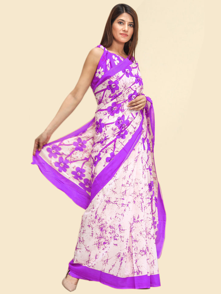 Buta Buti Purple Color Floral Printed Pure Cotton Saree