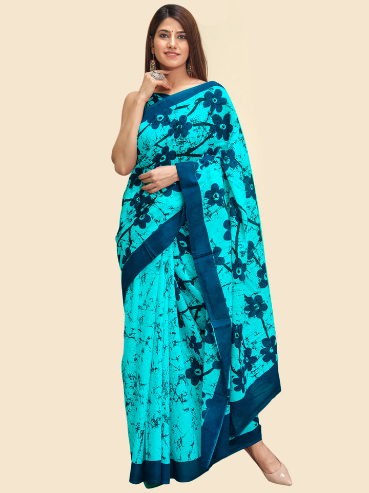 Buta Buti Blue Color Floral Printed Pure Cotton Saree