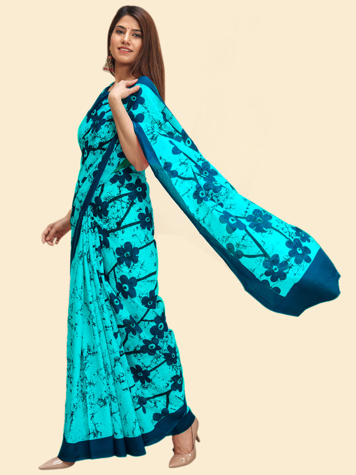 Buta Buti Blue Color Floral Printed Pure Cotton Saree