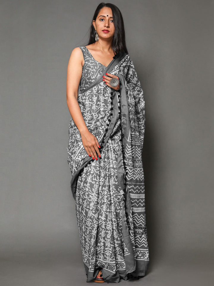 Buta Buti Grey Color Floral Printed Pure Cotton Saree