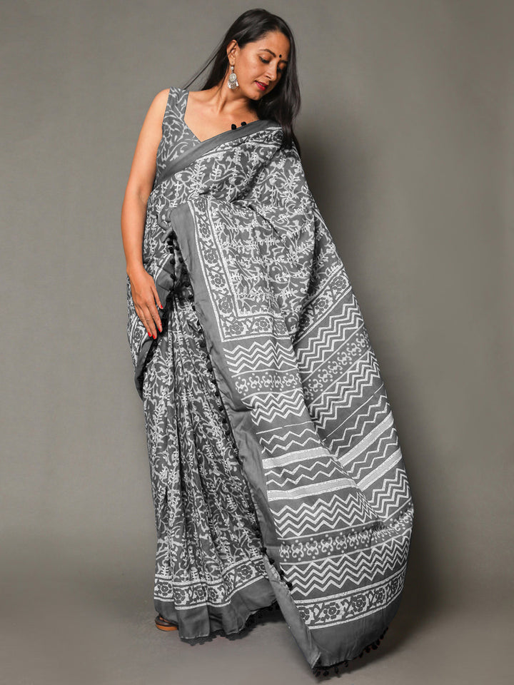 Buta Buti Grey Color Floral Printed Pure Cotton Saree