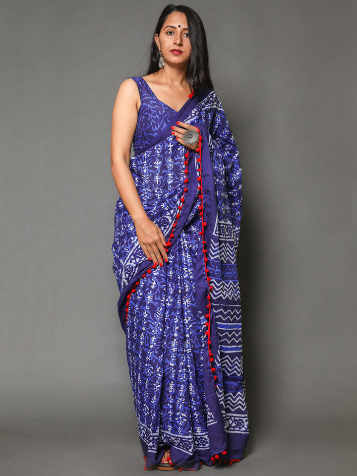 Buta Buti Navy Blue Color Floral Printed Pure Cotton Saree