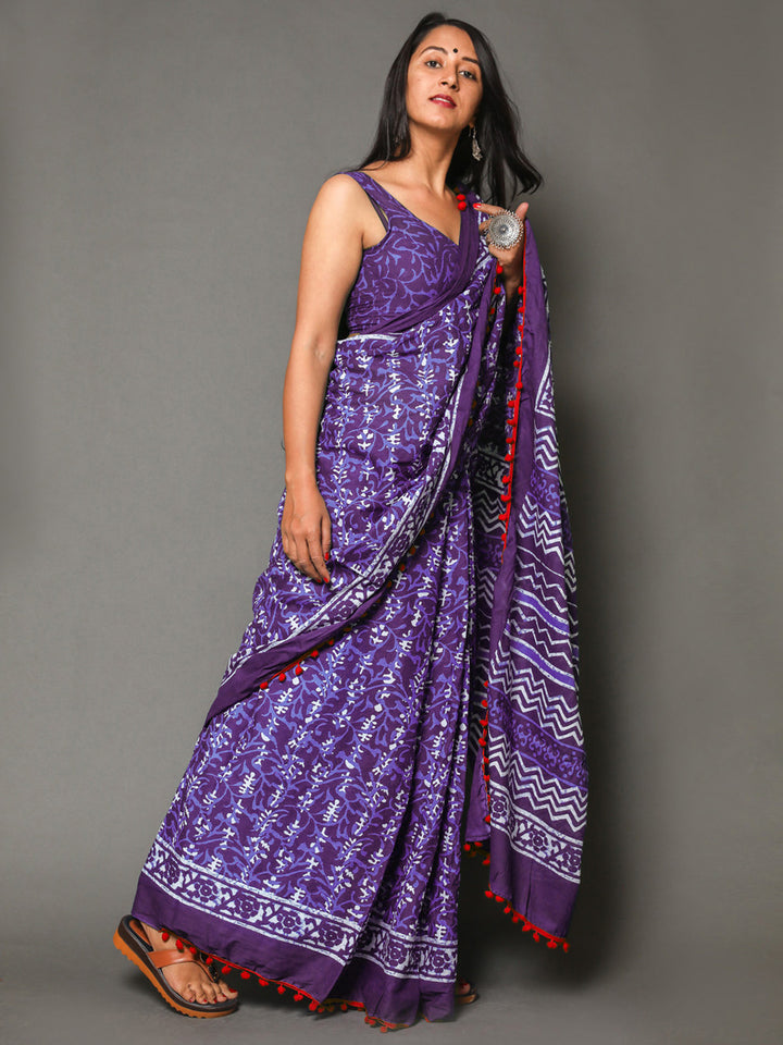 Buta Buti Purple Color Floral Printed Pure Cotton Saree