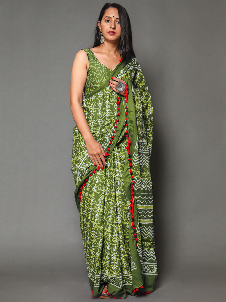 Buta Buti Olive Color Floral Printed Pure Cotton Saree