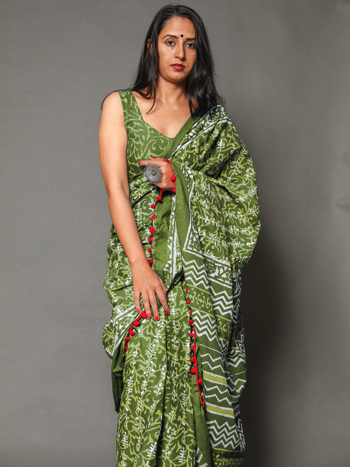 Buta Buti Olive Color Floral Printed Pure Cotton Saree