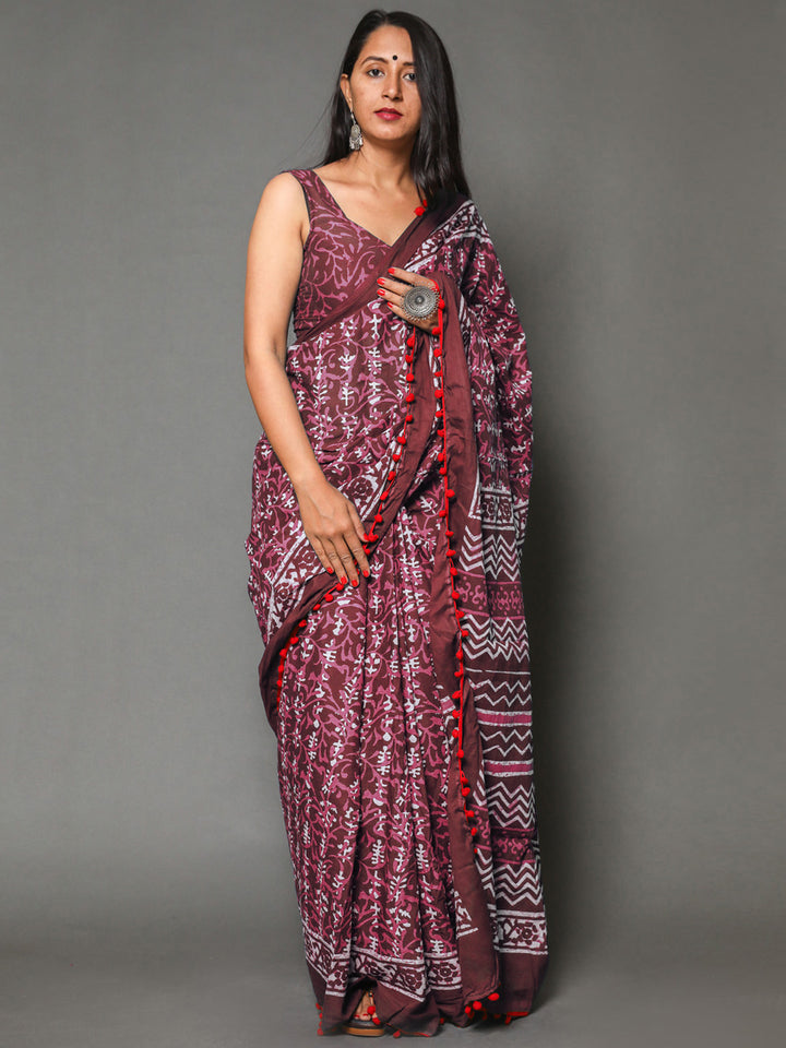 Buta Buti Maroon Color Floral Printed Pure Cotton Saree