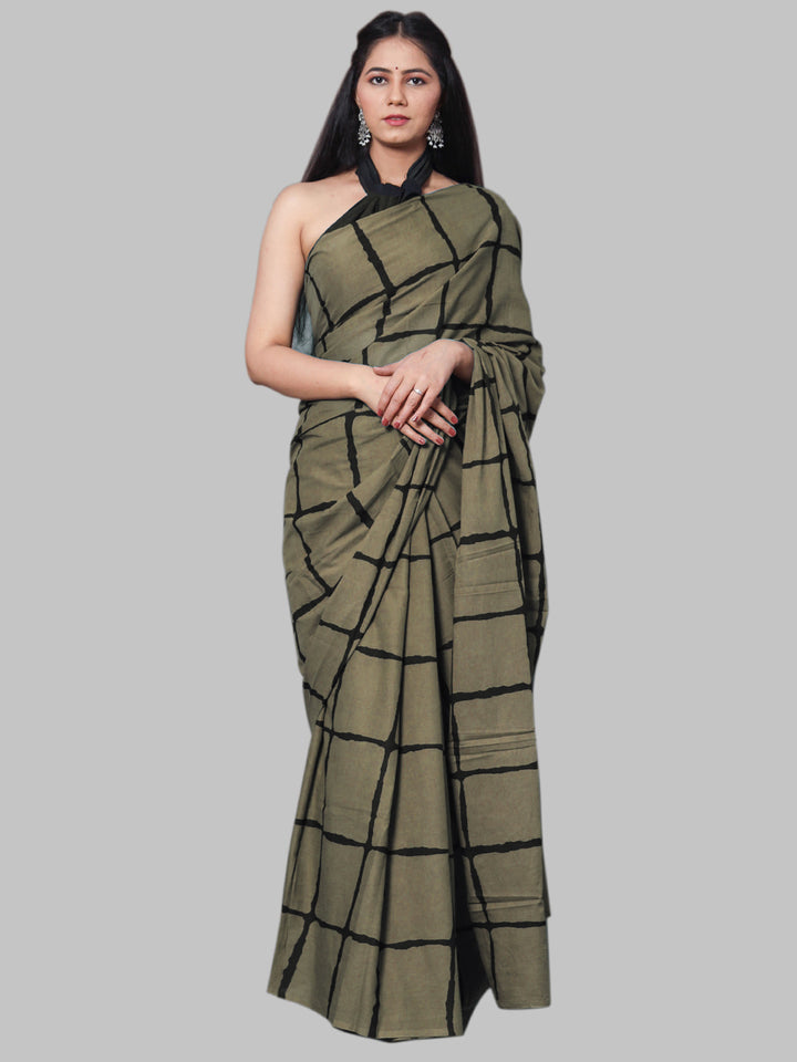 Buta Buti Olive Color Printed Pure Cotton Saree