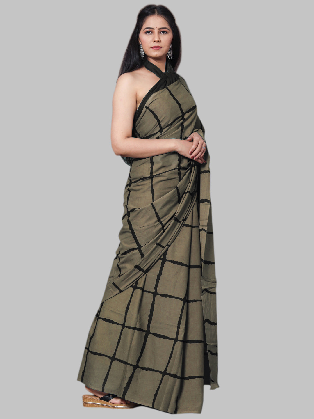 Buta Buti Olive Color Printed Pure Cotton Saree