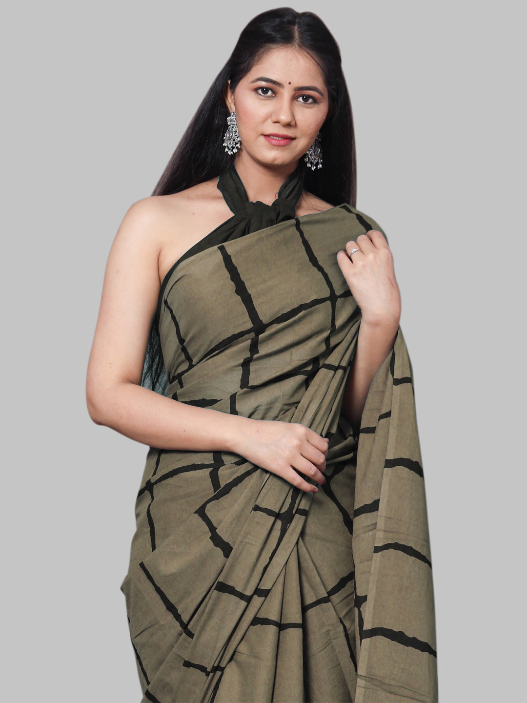 Buta Buti Olive Color Printed Pure Cotton Saree