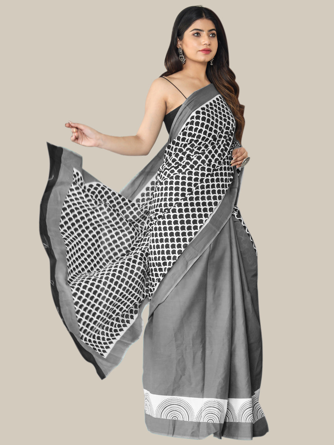 Buta Buti Grey Color Printed Pure Cotton Saree