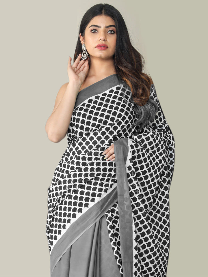 Buta Buti Grey Color Printed Pure Cotton Saree