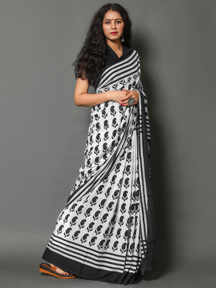 Buta Buti Black Color Printed Pure Cotton Saree