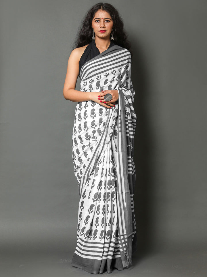 Buta Buti Grey Color Printed Pure Cotton Saree