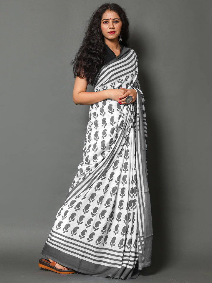 Buta Buti Grey Color Printed Pure Cotton Saree