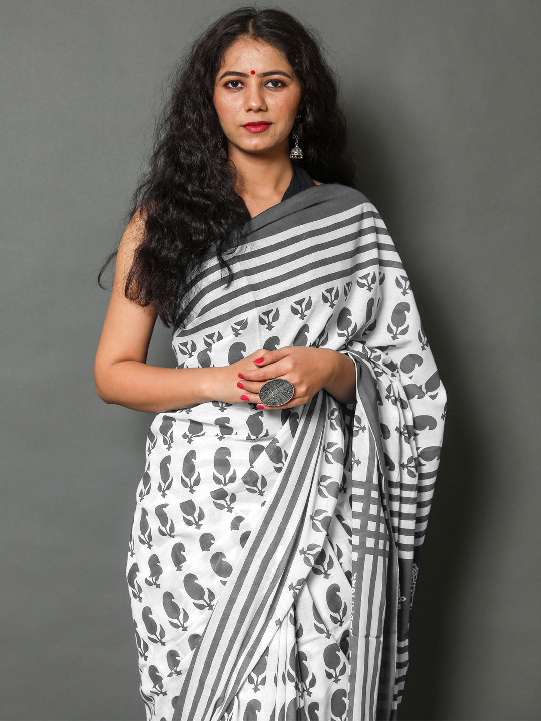 Buta Buti Grey Color Printed Pure Cotton Saree